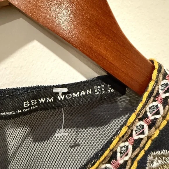 Zara Navy Sheer Blouse with Multicolor Embroidery Size L - Picture 4 of 7